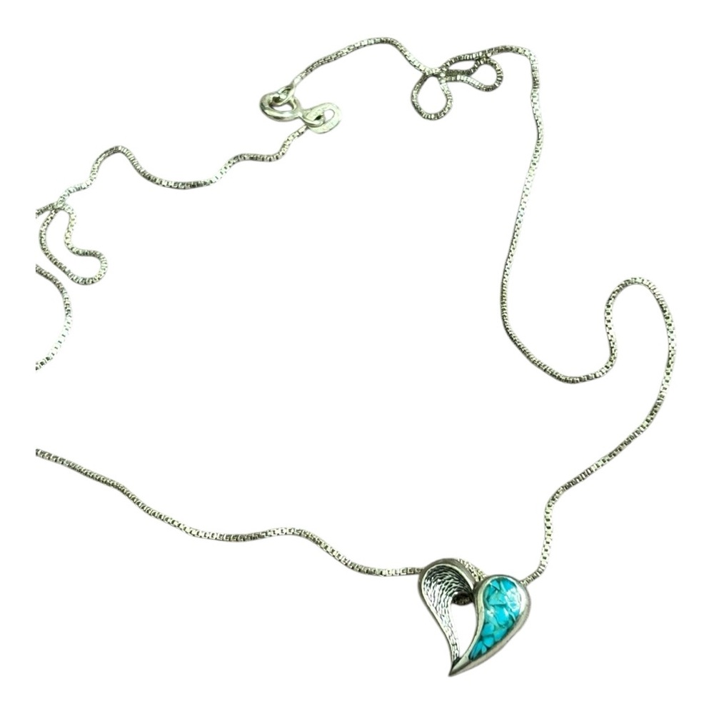 Vintage Sterling Silver Turquoise Small Heart with Angel Wing 18” Necklace
